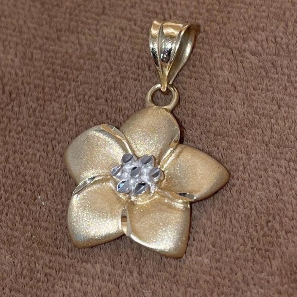 Solid Stamped 14K Yellow White Gold Plumeria Flower Floral Pendant for Necklace